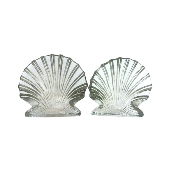 Vintage Blenko Art Glass Clear Scallop Clam Shell Bookends- Set of 2 - Picture 8 of 8